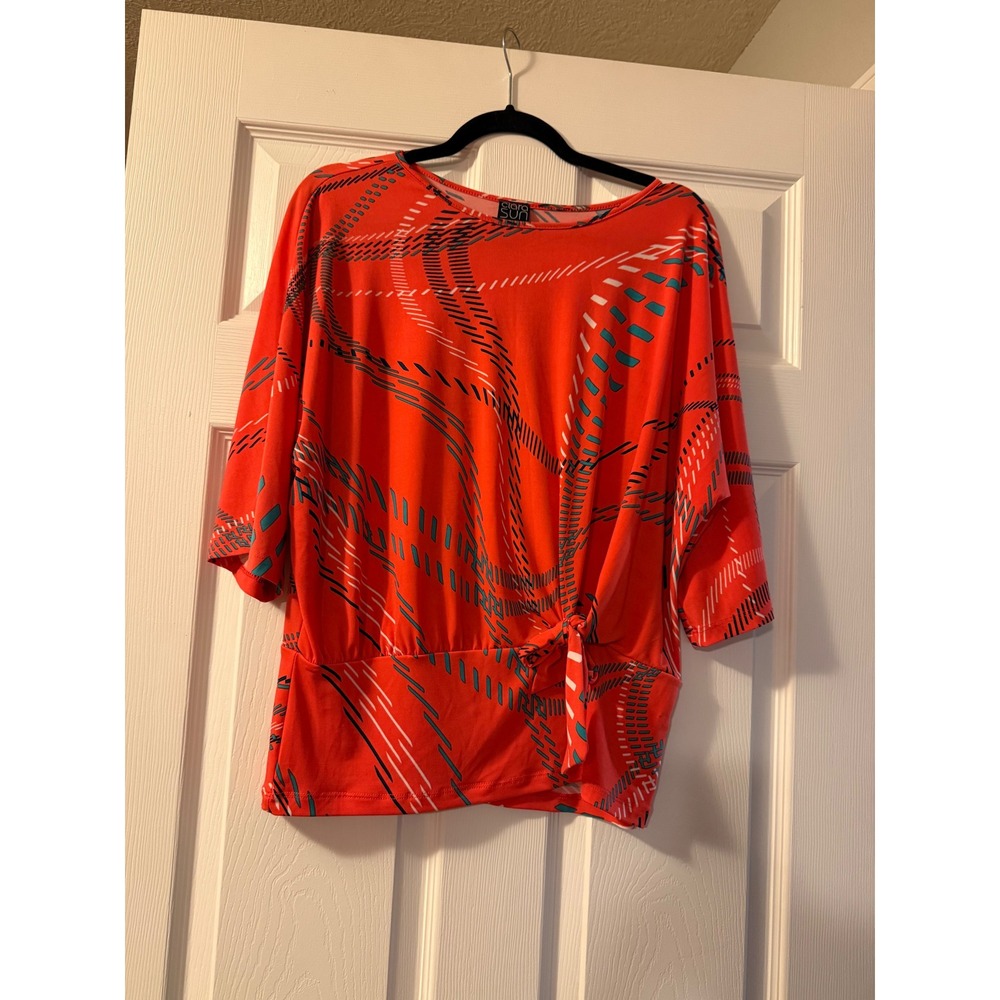 Clara Sunwoo Orange Abstract Geometric Side Tie Boat Neck Top Medium Made in USA